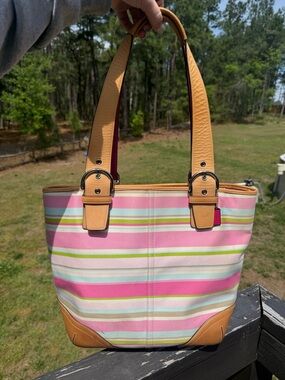 Coach Hamptons Pastel Multicolor Stripe Shoulder Tote Bag